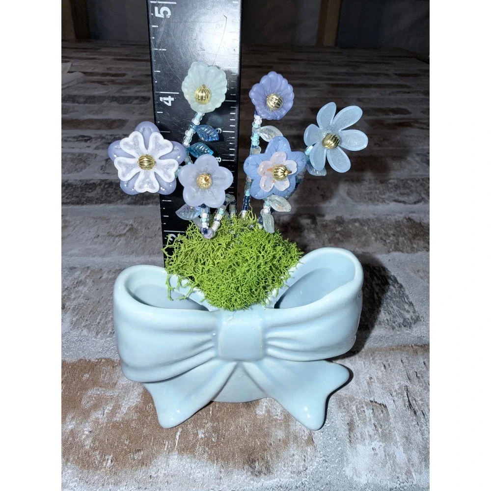 Vintage Blue Ceramic Bow Vase with Beaded Glass Flowers Miniature Arrangement
